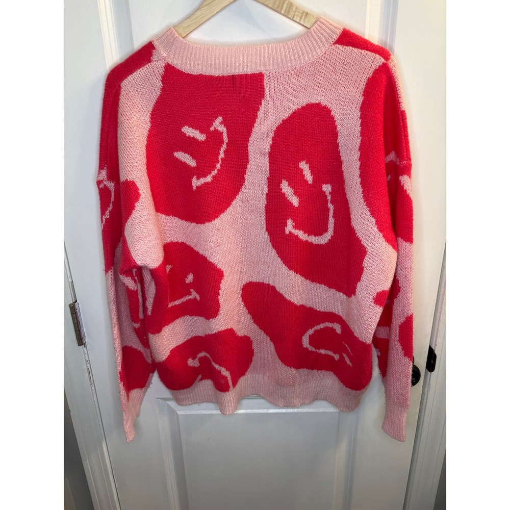 Altar'd State Pink Red Smiley Face Crewneck Sweater Small BRW02809-ATS - Picture 2 of 10